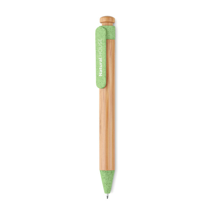 Długopis z bambusa i słomy z nadrukiem zielony